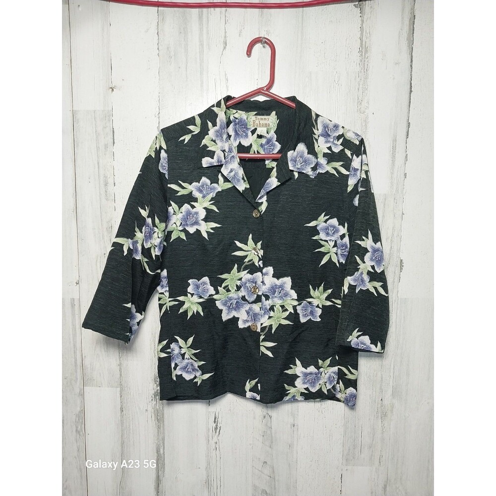 Tommy Bahama Womens 100% Sz 10 Silk Short Sleeve Button Up Hawaiian Shirt Black